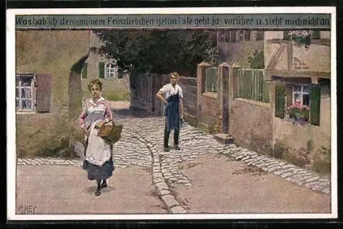 Künstler-AK P. Hey, Volksliederkarte Nr. 55: Was hab` ich denn meinem Feinsliebchen getan, Liebespaar im Dorf