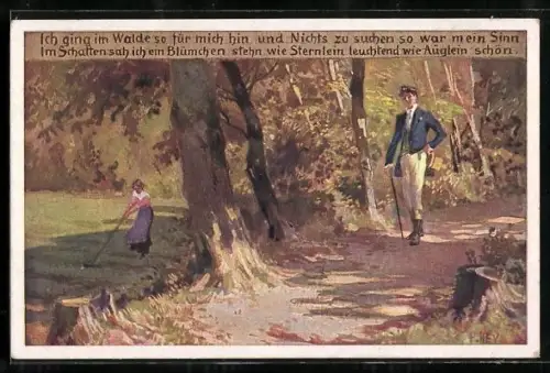Künstler-AK P. Hey, Volksliederkarte Nr. 62: Ich ging im Walde so für mich hin, Mann wandert einen Waldweg entlang