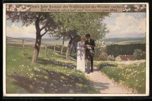 Künstler-AK P. Hey, Volksliederkarte Nr. 89: Jed`s Jahr kommt der Frühling, Paar beim Spaziergang