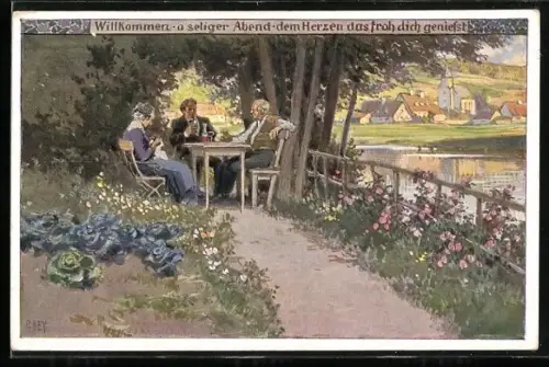 Künstler-AK P. Hey, Volksliederkarte Nr.: 87, Willkommen, o seliger Abend, dem Herzen...