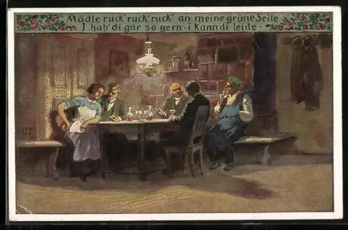 Künstler-AK P. Hey, Volksliederkarte Nr. 67: Männer beim Weintrinken mit der Wirtin