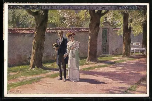 Künstler-AK Paul Hey: Volksliederkarte Nr. 20774: Elegant gekleidetes Paar auf einem Weg im Park