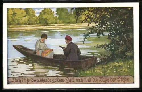 Künstler-AK Ernst Kutzer: Noch ist ja die blühende goldene Zeit..., Paar im Ruderboot