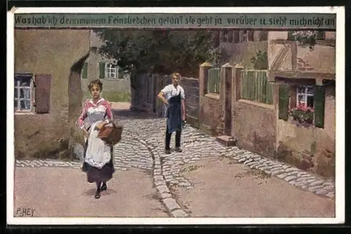 Künstler-AK P. Hey, Volksliederkarte Nr. 55: Was hab` ich denn meinem Feinsliebchen getan, Liebespaar im Dorf