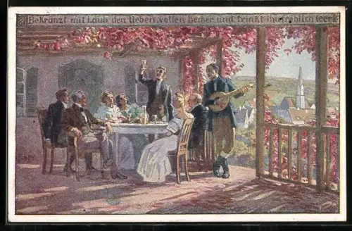 Künstler-AK Paul Hey: Gruppe sitzt zusammen an einem Tisch und feiert, Verein für das Deutschtum im Ausland