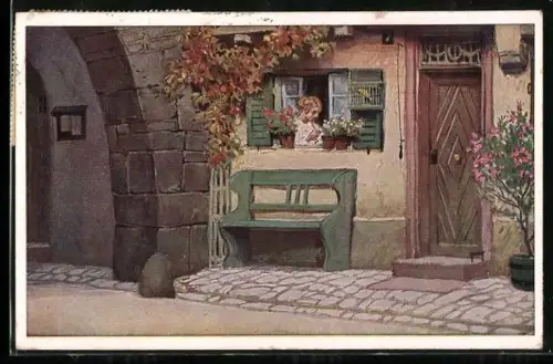 Künstler-AK P. Hey: Die Lore am Tore, Dame am Fenster, Verein für das Deutschtum im Ausland