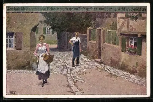 Künstler-AK P. Hey, Volksliederkarte Nr. 55: Was hab` ich denn meinem Feinsliebchen getan, Liebespaar im Dorf