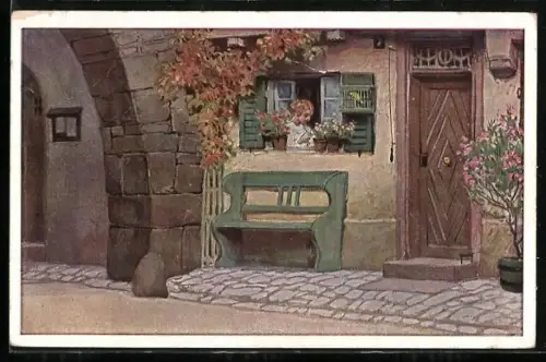 Künstler-AK P. Hey: Die Lore am Tore, Dame am Fenster, Verein für das Deutschtum im Ausland