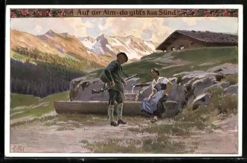 Künstler-AK Paul Hey: Volksliederkarte Nr.90: Jäger spricht mit der Bäuerin am Brunnen