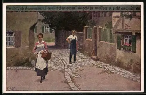 Künstler-AK P. Hey, Volksliederkarte Nr. 55: Was hab` ich denn meinem Feinsliebchen getan, Liebespaar im Dorf
