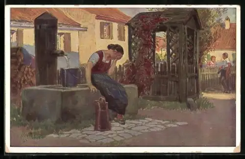 Künstler-AK P. Hey: Volksliederkarte Nr. 34, Jetzt geh i ans Brünnele..., Verein für das Deutschtum im Ausland