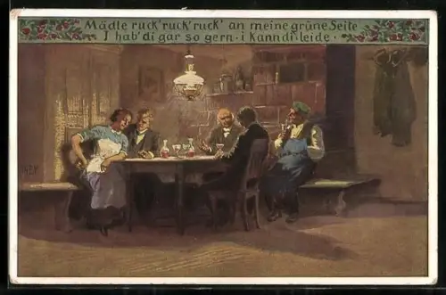 Künstler-AK P. Hey, Volksliederkarte Nr. 67: Männer beim Weintrinken mit der Wirtin