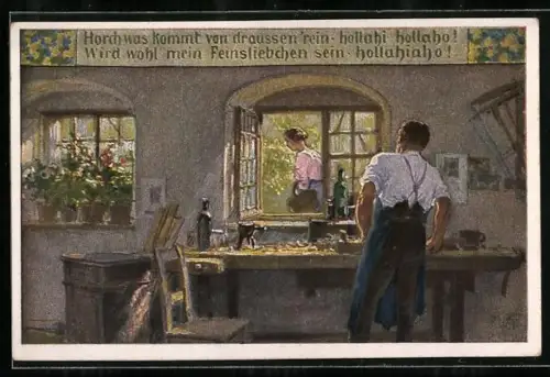 Künstler-AK P. Hey, Volksliederkarte Nr. 57: Horch was kommt von draussen rein, Mann blickt durchs Fenster zu Frau