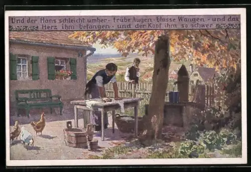 Künstler-AK P. Hey, Volksliederkarte Nr.58: ein Mann beobachtet eine junge Frau bei der Heimarbeit