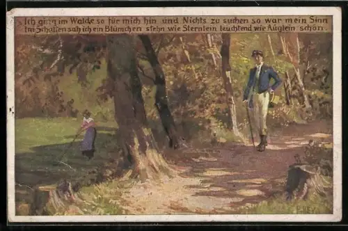 Künstler-AK P. Hey, Volksliederkarte Nr. 62: Ich ging im Walde so für mich hin, Mann wandert einen Waldweg entlang