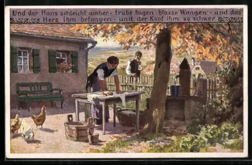 Künstler-AK P. Hey, Volksliederkarte Nr.58: ein Mann beobachtet eine junge Frau bei der Heimarbeit