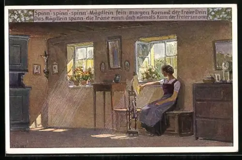 Künstler-AK P. Hey, Volksliederkarte Nr. 260: Spinn, spinn, spinn, Mägdlein fein, Frau bei der Arbeit mit dem Spinnrad