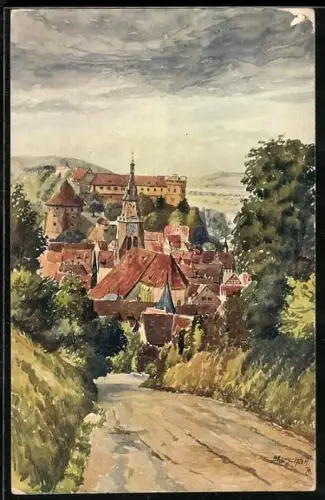 Künstler-AK Tübingen, auf dem Weg mit Blick auf den Ort vom Oesterberg