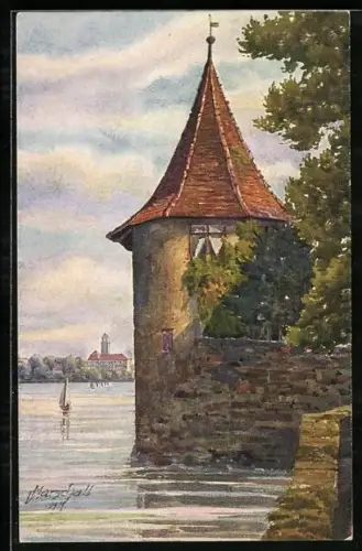 Künstler-AK Vinzenz Marschall: Lindau am Bodensee, Pulverturm mit Blick nach Bad Schachen