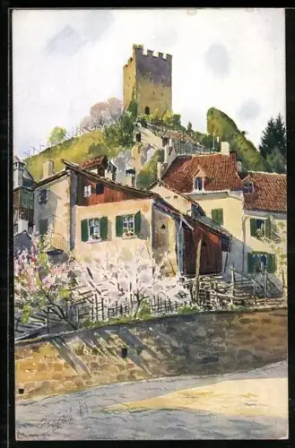 Künstler-AK J. Marschall: Meran / Merano, Ruine Pulverturm am Tappeine