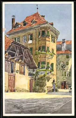 Künstler-AK J. Marschall: Bozen, Partie vor dem Batzenhäusel