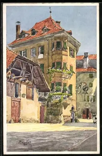 Künstler-AK J. Marschall: Bozen, Partie vor dem Batzenhäusel