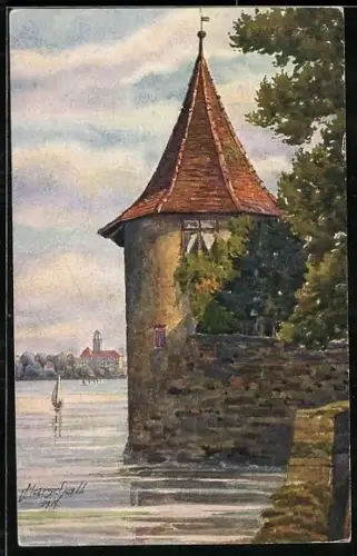 Künstler-AK Vinzenz Marschall: Lindau am Bodensee, Pulverturm mit Blick nach Bad Schachen
