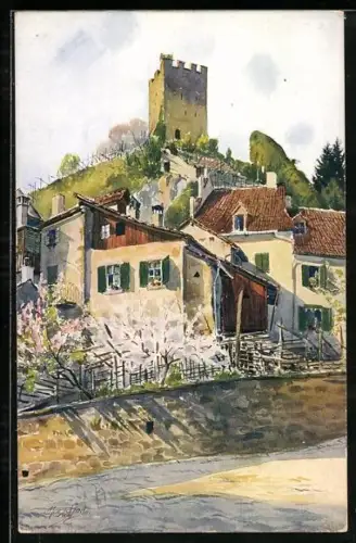 Künstler-AK J. Marschall: Meran / Merano, Ruine Pulverturm am Tappeine