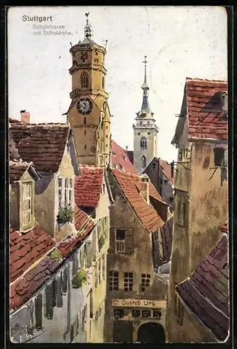 Künstler-AK J.Marschall: Stuttgart, Schulstrasse mit Stiftskirche
