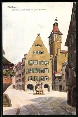 Künstler-AK J.Marschall: Stuttgart, Geissstrasse mit Hans im Glück-Brunnen