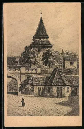 Künstler-AK J. Marschall: Ulm a. Donau, Ortspartie mit Zundeltor