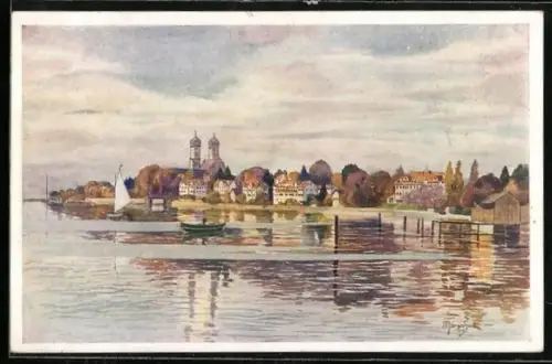 Künstler-AK J. Marschall: Friedrichshafen am Bodensee, Panorama vom Wasser aus gesehen