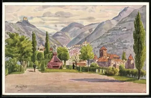 Künstler-AK Bozen, König Laurin-Denkmal gegen die Sarner Scharte