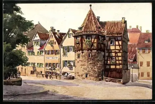 Künstler-AK J. Marschall: Stuttgart, Katharinenstrasse mit dem Schellenturm