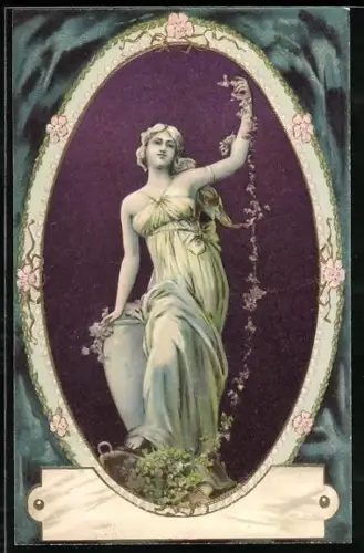 Lithographie Maid mit Blumengirlande