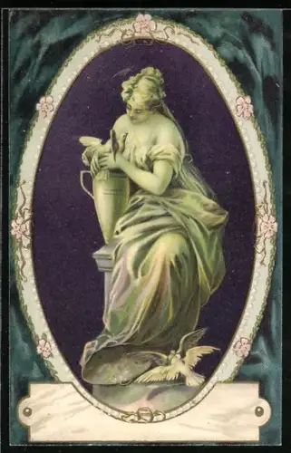 Lithographie schöne Frau hält eine Taube in der Hand, Antike