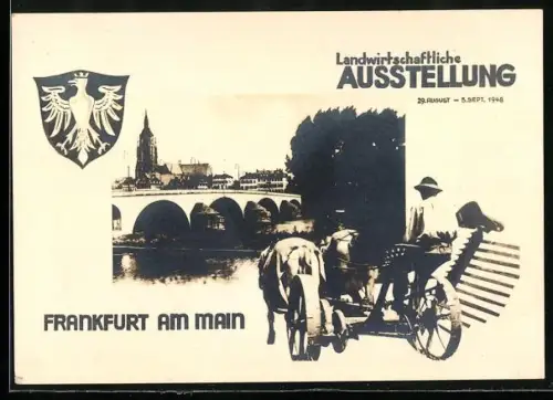 AK Frankfurt am Main, Landwirtschaftliche Ausstellung 29.08.-05.09.1948, Ortsansicht vom Fluss aus