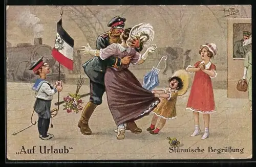 Künstler-AK Arthur Thiele: Familienvater als Soldat auf Urlaub bei stürmischer Begrüssung