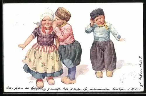 Künstler-AK Karl Feiertag: Niederländische Kinder in Holzschuhen flüstern sich etwas zu