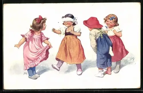 Künstler-AK Karl Feiertag: Blinde Kuh, Kinder beim Spiel mit verbundenen Augen