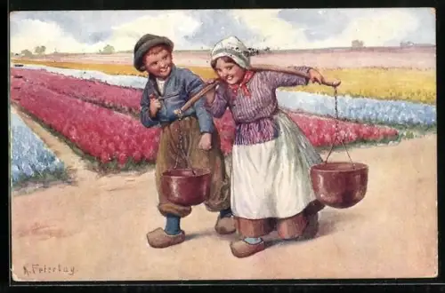 Künstler-AK Karl Feiertag: Holländische Wasserträgerin neben dem Mann bei den Blumenfeldern