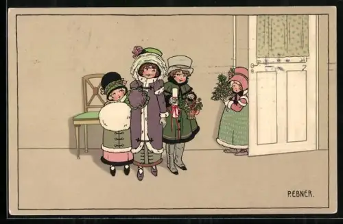 Künstler-AK Pauli Ebner: Neujahrsgruss, Kinder in Pelzmänteln kommen mit Geschenken