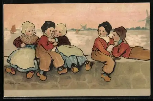 Künstler-AK Ethel Parkinson: Holländische Kinder sitzen auf der Mauer, Windmühle