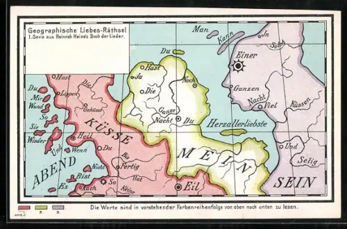 AK Geographische Liebes-Rätsel, Landkarte mit Kann, Man und Du, optische Täuschung