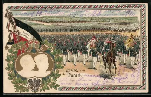 Lithographie Parade beim Kaisermanöver, Königspaar in Seitenansicht, Fahne, Wappen