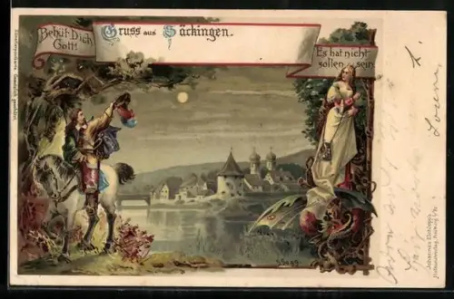 Lithographie Behüt dich Gott, Ortsansicht, Trompeter v. Säckingen winkt seiner Angebeteten