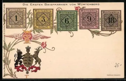 Lithographie Württemberg, Briefmarken & Wappen