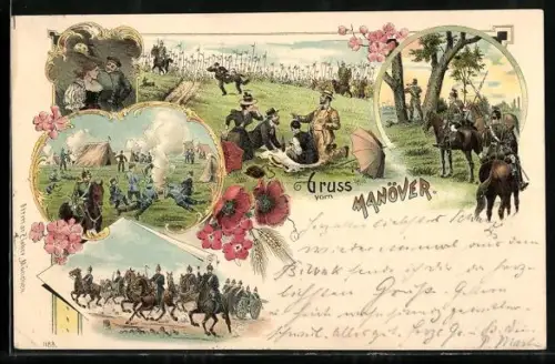 Lithographie Gruss vom Manöver, Militärdienst