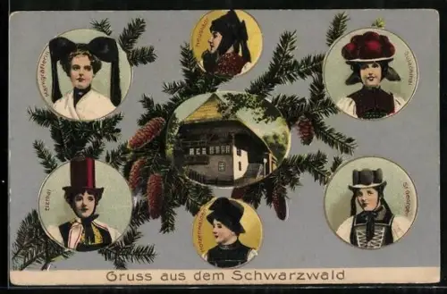 AK Frauen mit Kopfbedeckungen in Schwarzwälder Tracht, Haus, 7 Ansichten