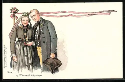 Lithographie Wannweil, hübsches Paar in schwäbischer Tracht